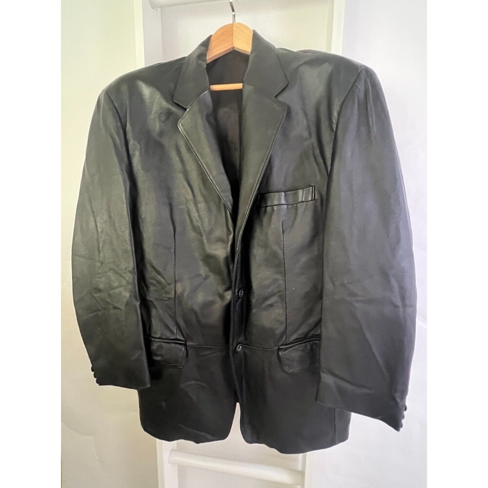J. Ferrar Genuine Leather Blazer Jacket Mens M Black Oversized Notch Button EC